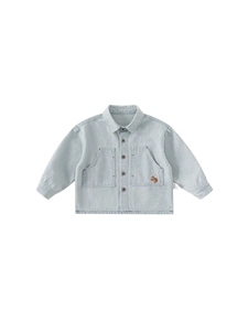 Classic blue striped long sleeve toddler boy shirt with squirrel embroidery and large pockets