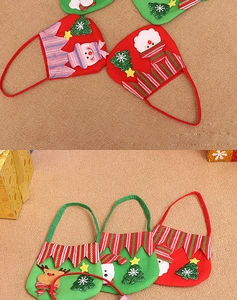 Detailed views of various Christmas felt gift bags with Santa, reindeer and snowman embroidery