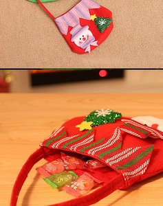 Detail of Christmas candy bag with snowman 3D applique and festive striped handle design