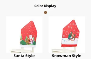 Detail view of Santa Claus and Snowman Christmas chair back covers with white pom-poms