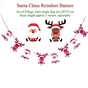 Detail view of 8-piece Santa and reindeer felt banners with 3m red hanging rope