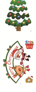 Detailed Christmas window stickers featuring Santa Claus, a reindeer banner and festive trees