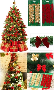 Dettaglio di fiocchi di Natale in velluto rosso e glitter oro per decorazioni festive