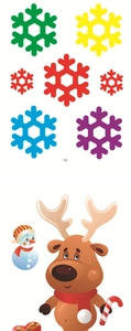 Detail of Christmas window stickers with colorful snowflakes, reindeer, and snowman icons
