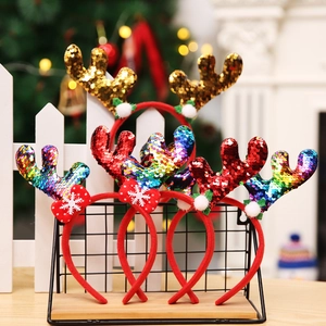 Serre-tête de Noël Bois de Renne à Paillettes Avec Noeud Flocon de Neige Pompons Accessoire Cheveux Fête Rouge Or Coloré