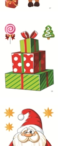 Detailed sheet of cartoon Christmas window stickers featuring Santa Claus and gift box motifs