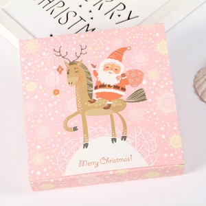 Detailed pink square Christmas gift box with Santa and reindeer illustrations