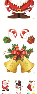 Close-up of Santa Claus, snowmen and bells for Christmas static window cling decorations
