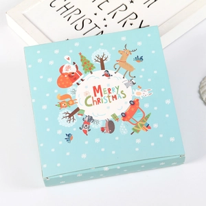 Blue square Christmas gift box with colorful hand-drawn cartoon reindeer and Santa