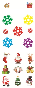 Flat lay set of colorful Christmas window stickers with Santa Claus and reindeer designs