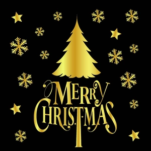 Golden Christmas tree and snowflakes static cling decals on black background