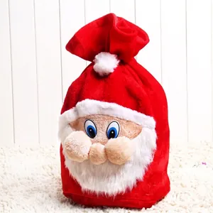 Sac cadeau de Noël en velours rouge avec visage 3D du Père Noël et cordon en fausse fourrure