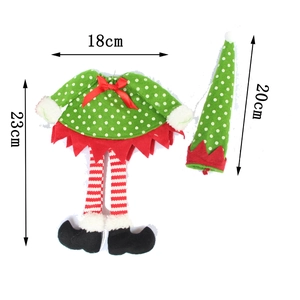 Christmas elf wine bottle cover set with green polka dots and striped long legs