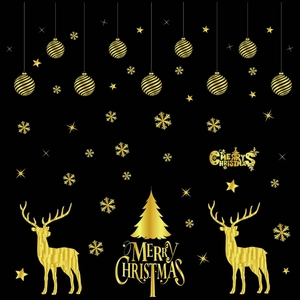 Golden Merry Christmas reindeer and snowflake static stickers for glass window decor