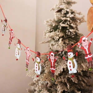 Christmas bunting with cartoon Santa boy and snowman characters with festive bell charms