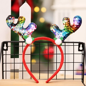 Serre-tête bois de renne de Noël avec paillettes colorées et pompons blancs pour fêtes festives