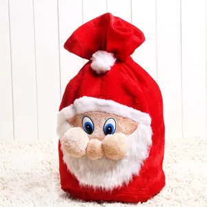 Grand Sac Cadeau de Noël en Velours Père Noël Rouge Décoration 3D pour Fête de Noël Sac à Bonbons avec Cordon