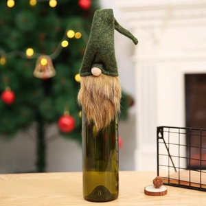 Forest green Christmas gnome wine bottle cover with soft beard for festive holiday decor