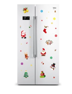 Christmas static stickers set featuring Santa and Reindeer on a white refrigerator