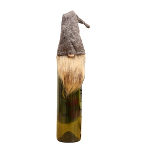Christmas gnome wine bottle cover with grey felt hat and golden beard for table decor