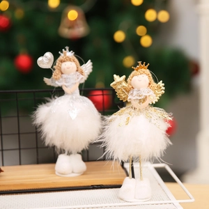 Standing Christmas angel dolls with plush skirt and glitter wings for holiday decoration