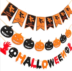 Three-layer Halloween felt banner set with witch designs, pumpkins, and cutout letters