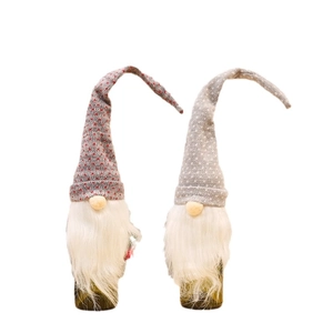 Set of two Nordic gnome wine bottle covers with knitted hats and white faux fur beards