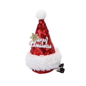 Red sequin Christmas hat hair clip with gold star and white faux fur trim on white background
