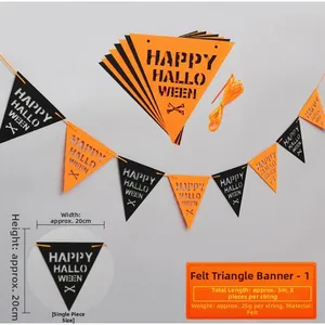 Detail view of 20x20cm felt Halloween bunting with Happy Halloween lettering and bone icons