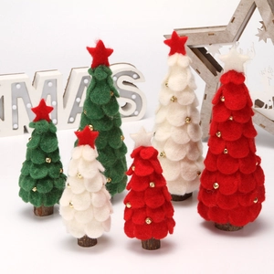 Felt Christmas tree tabletop decorations with wooden base and bells in red green white