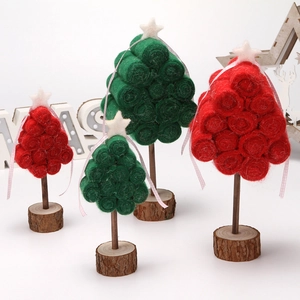 Handmade wool felt Christmas tree tabletop ornaments with wooden base in red and green colors