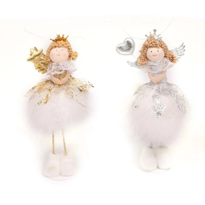 Detailed close-up of Christmas angel dolls with gold and silver accents and feather skirts