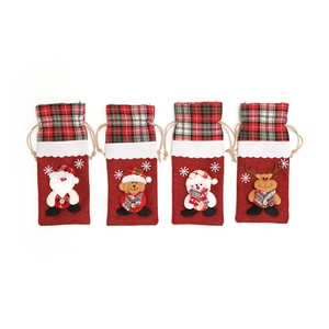 Christmas wine bottle gift bags set with Santa, Bear, Snowman, and Reindeer motifs