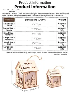 Size chart for glowing wooden Christmas houses showing styles, weights and dimensions