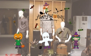Detail view of Happy Halloween electrostatic window decals on retail store glass surface