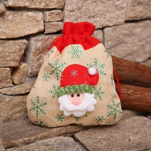 Linen Christmas drawstring gift bag with 3D Santa Claus applique and snowflake pattern