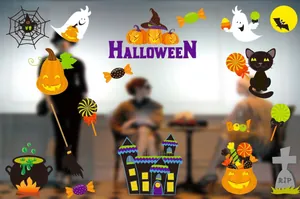 Detail of Halloween static stickers featuring pumpkins, ghosts, and haunted castle elements