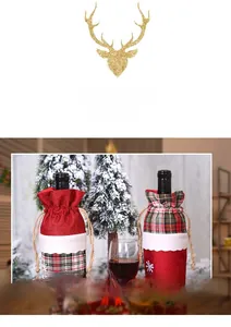 Detail of Christmas wine bottle covers with red burlap, plaid patterns and plush snowflake trim
