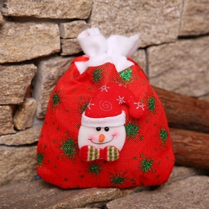 Red Christmas drawstring burlap gift bag with 3D snowman and white plush trim decor
