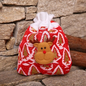 Christmas burlap gift bag with red cloth, gold trees and a 3D cartoon reindeer design