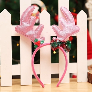 Rosa Glitzer Rentier-Geweih-Haarreif mit Stechpalmen und Karo-Schleife für Weihnachten
