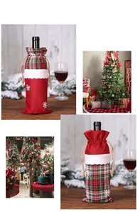 Christmas burlap wine bottle covers with red and green plaid and white snowflake embroidery