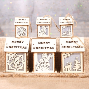 Christmas Glowing Wooden House Hanging Ornament With LED Light Hollow Design Santa Reindeer Pattern Xmas Tree Decoration