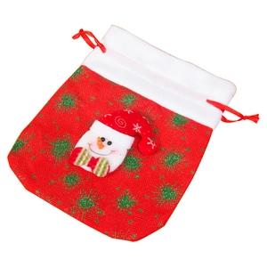 Detail of red Christmas drawstring bag featuring a 3D snowman doll and linen texture