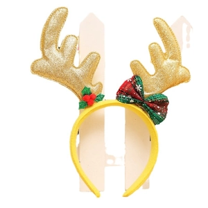 Weihnachts-Rentier-Geweih-Haarreif mit Goldglitzer, roter Schleife und Stechpalmen-Deko