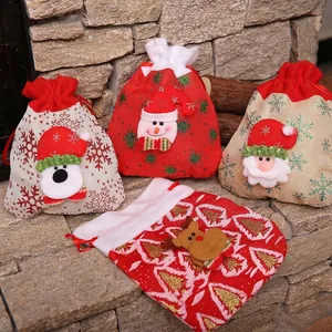 Christmas Linen Drawstring Gift Bags 3D Cartoon Santa Snowman Reindeer Polar Bear Candy Pouches Holiday Party Decoration