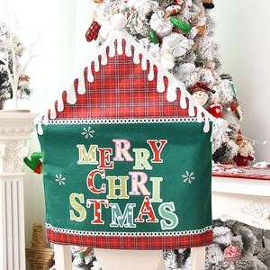 Red plaid and green suede Merry Christmas chair cover for holiday dining room decor