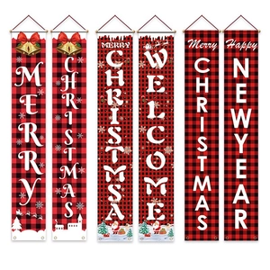 Red and black buffalo plaid Christmas banners with Merry Christmas and Happy New Year text