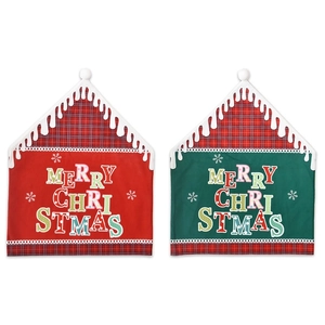 Detail of red and green Merry Christmas chair covers with snowflake and plaid patterns