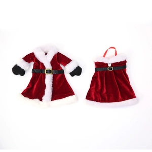 Detailed close-up of mini red velvet Christmas dress and robe with white fur trim and belt